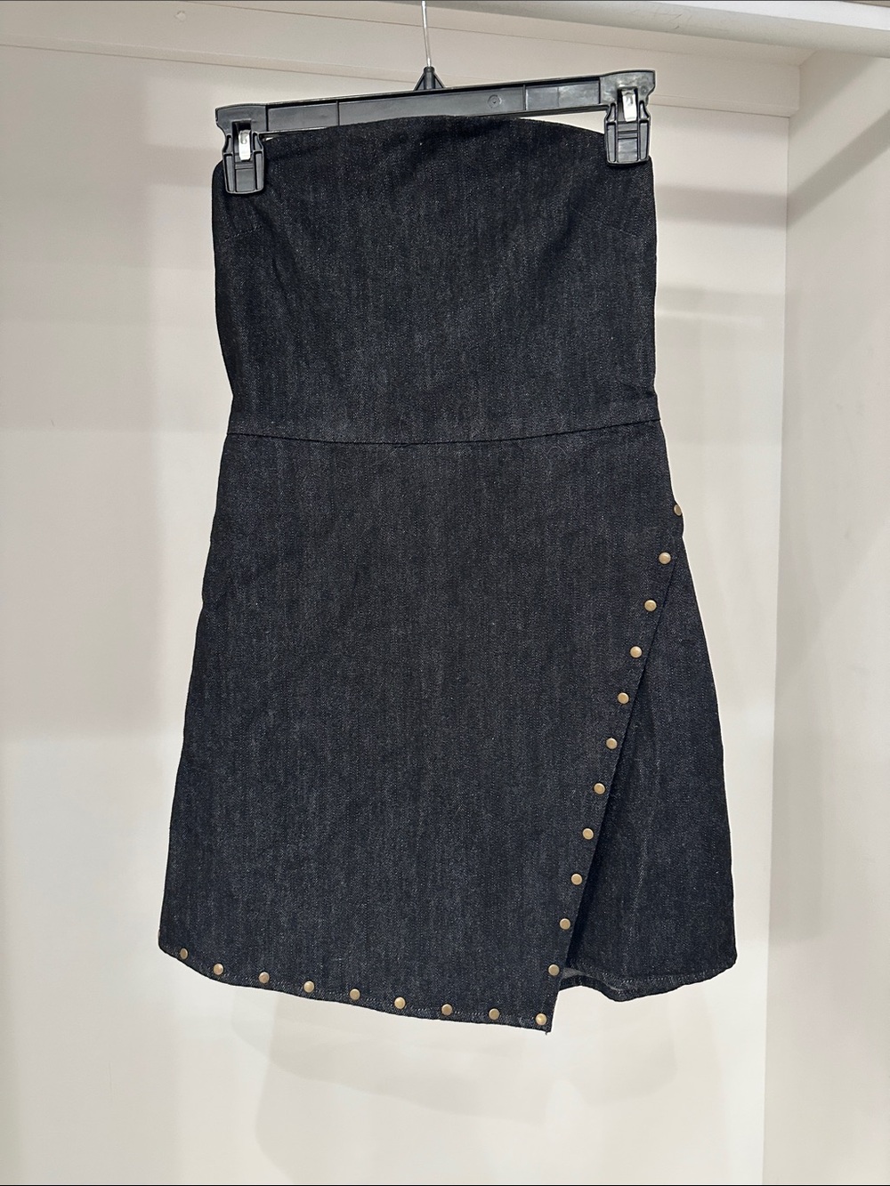 Pink Lily small Strapless Black Denim romper with Stud Accent.  Like new